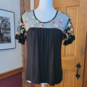 Floral Embroidered Black Top